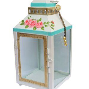 Large White Metal and Glass Lantern with Hand Painted Roses Shabby Chic Lantern